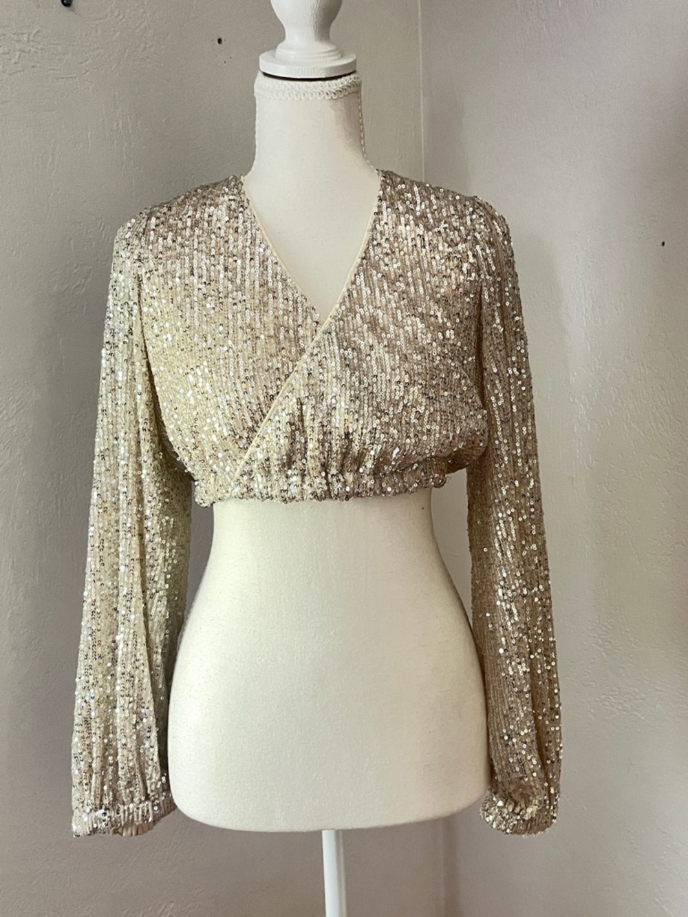Altar’d  State Sparkle champagne sequins crop Top c06